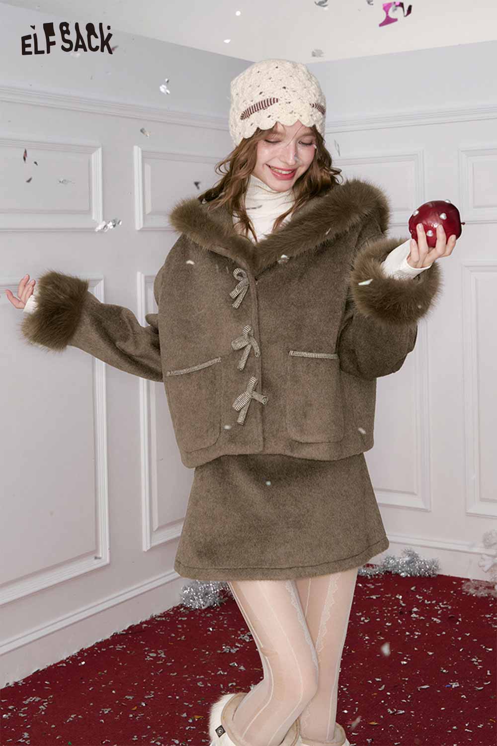 ELFSACK preppy bow plush jacket skirt set in brown with faux fur accents for a cozy winter look