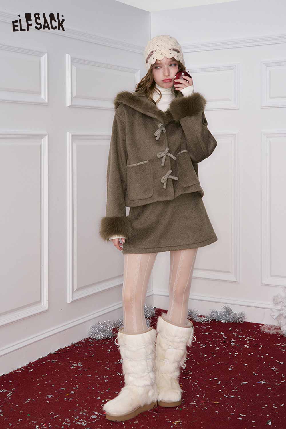 ELFSACK preppy bow plush jacket skirt set in stylish brown with cozy fur trim for a chic winter look