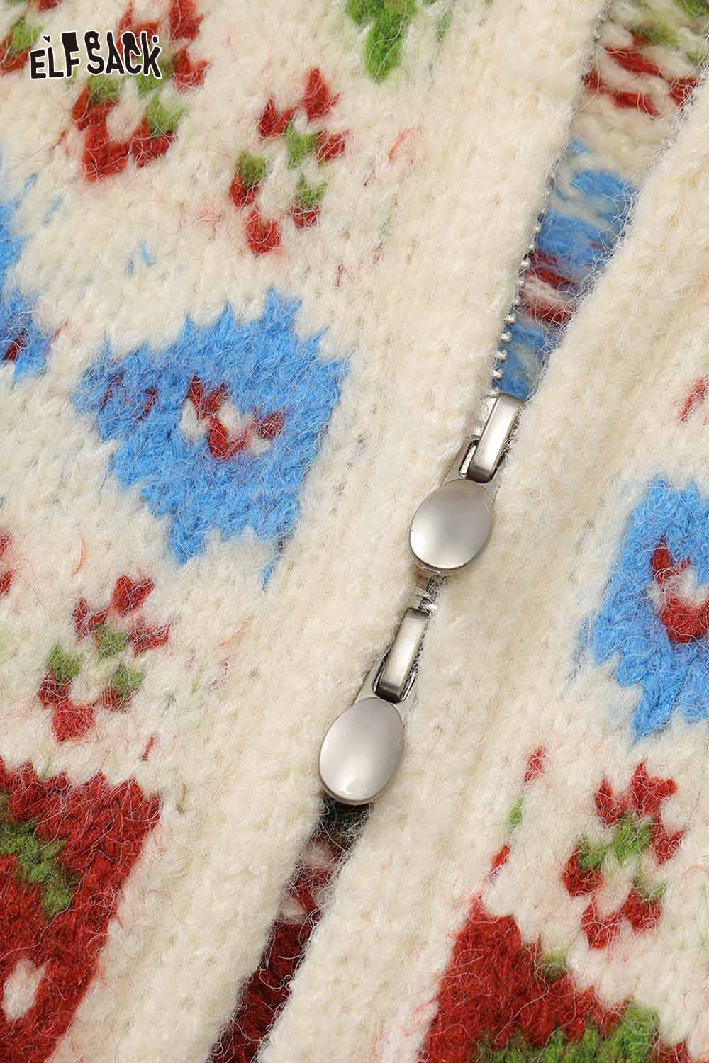 ELFSACK preppy christmas hooded cardigan with festive floral patterns and silver zipper details