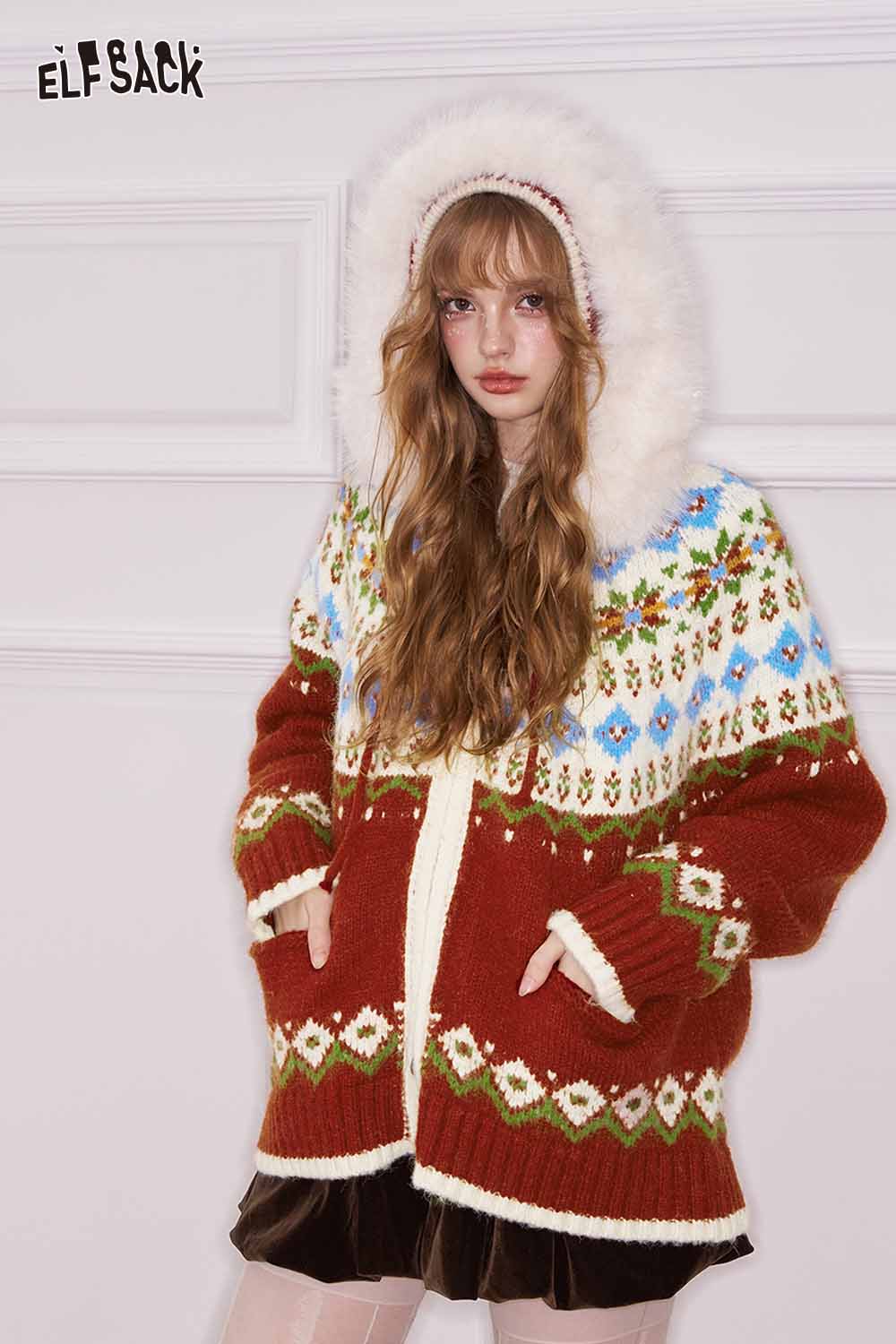 ELFSACK preppy christmas hooded cardigan with cozy patterns and fluffy hood for festive comfort