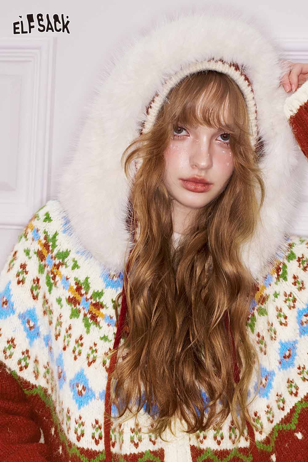 ELFSACK preppy christmas hooded cardigan with floral patterns and faux fur trim for festive warmth