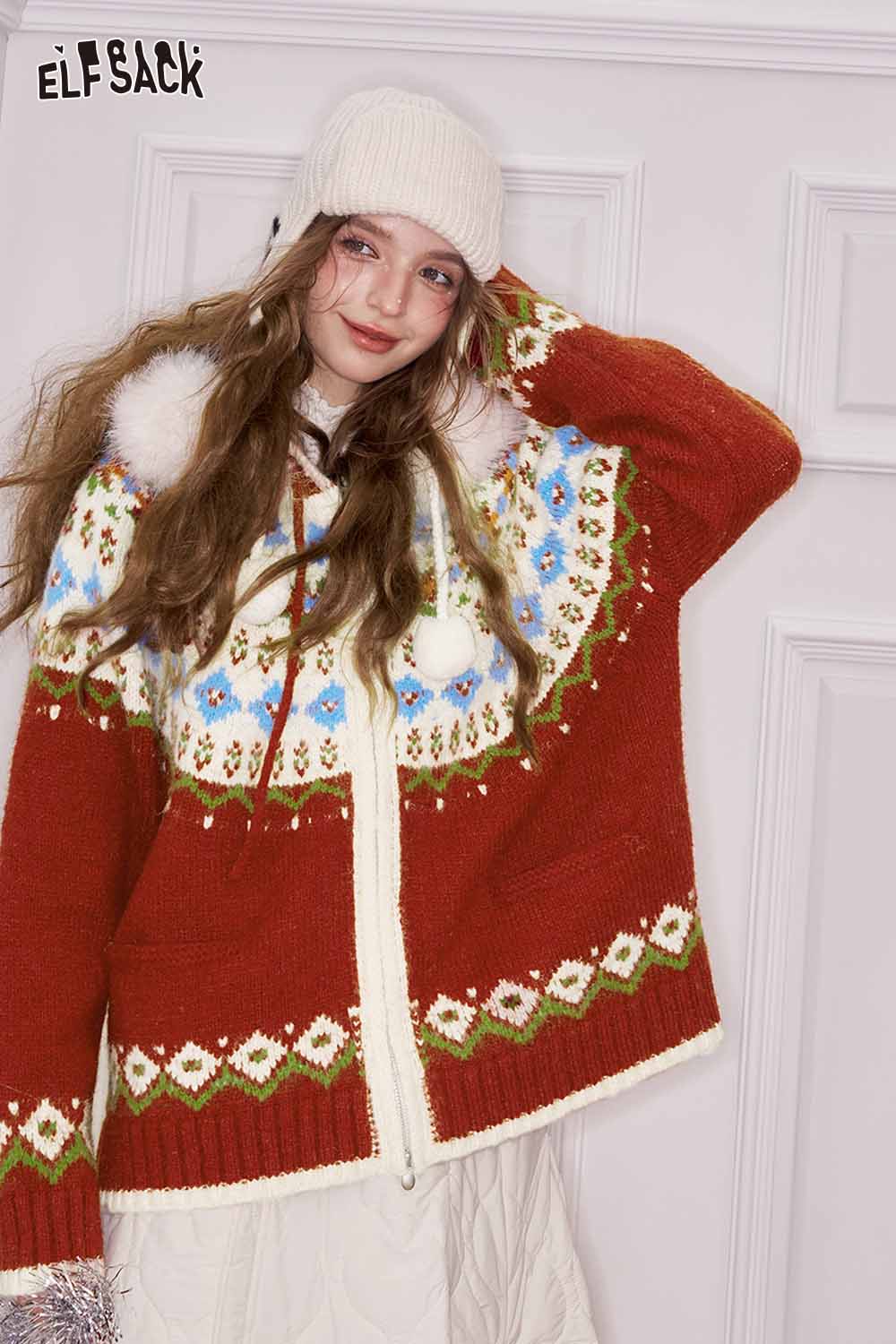 ELFSACK preppy christmas hooded cardigan with colorful patterns and pom-pom details for festive outfits