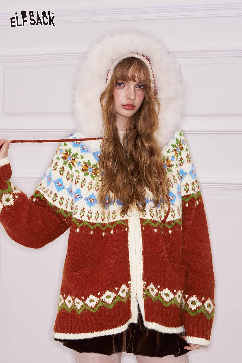 ELFSACK preppy christmas hooded cardigan with festive patterns and fluffy trim, perfect for winter wear