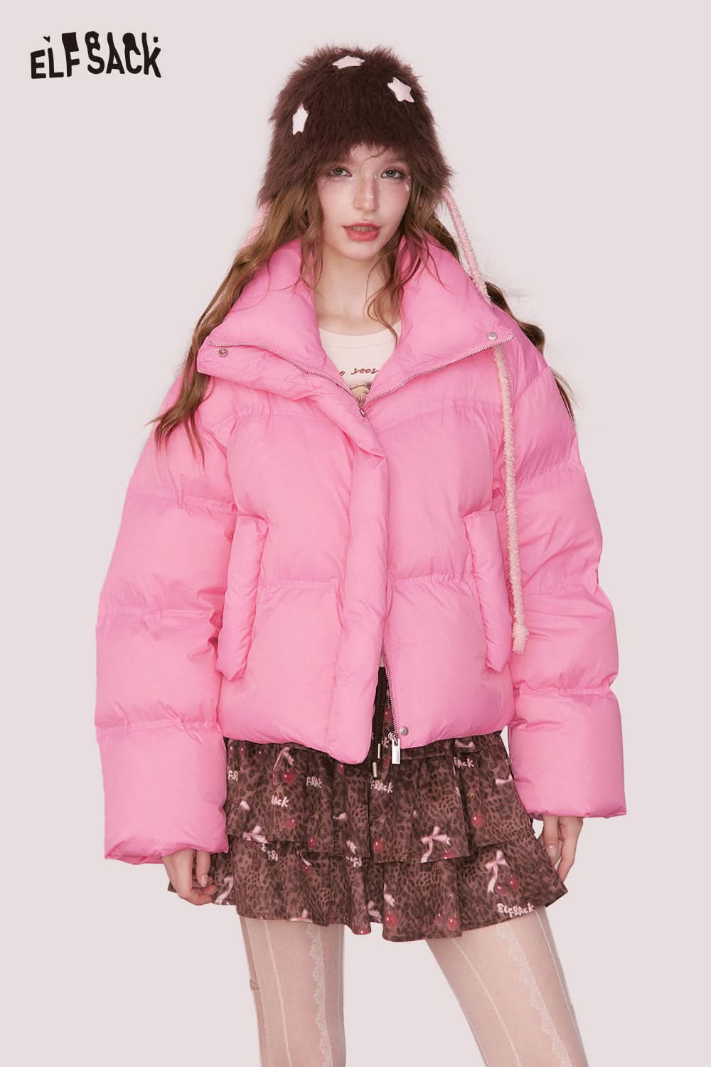 ELFSACK preppy cropped down jacket in vibrant pink perfect for stylish winter layering