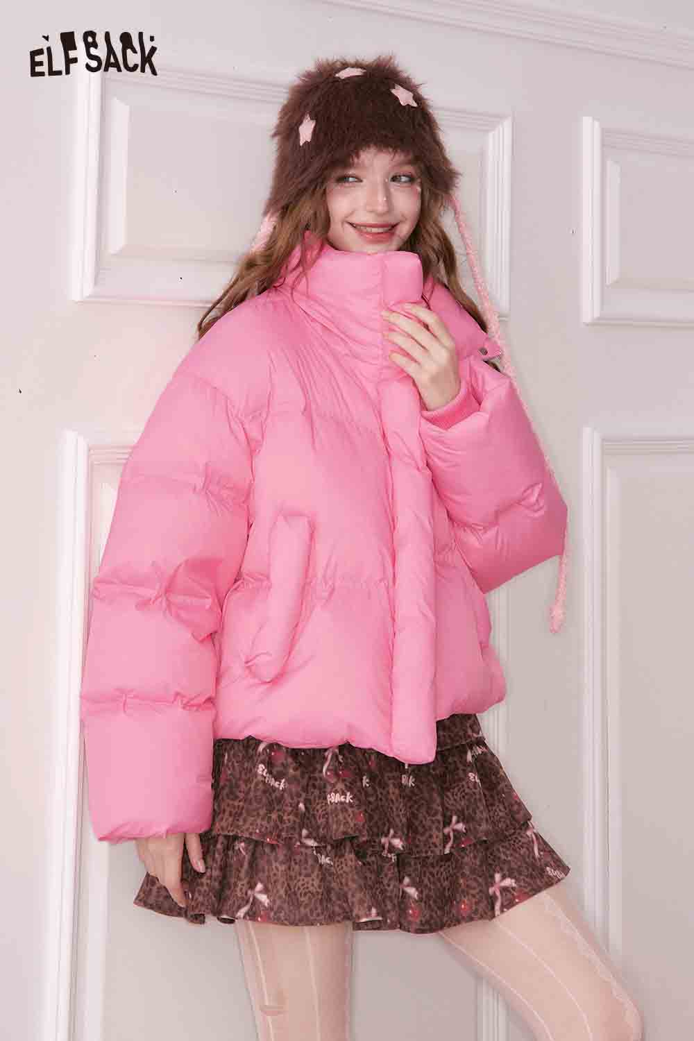 ELFSACK preppy cropped down jacket in pink, featuring a puffy design and a stylish collar