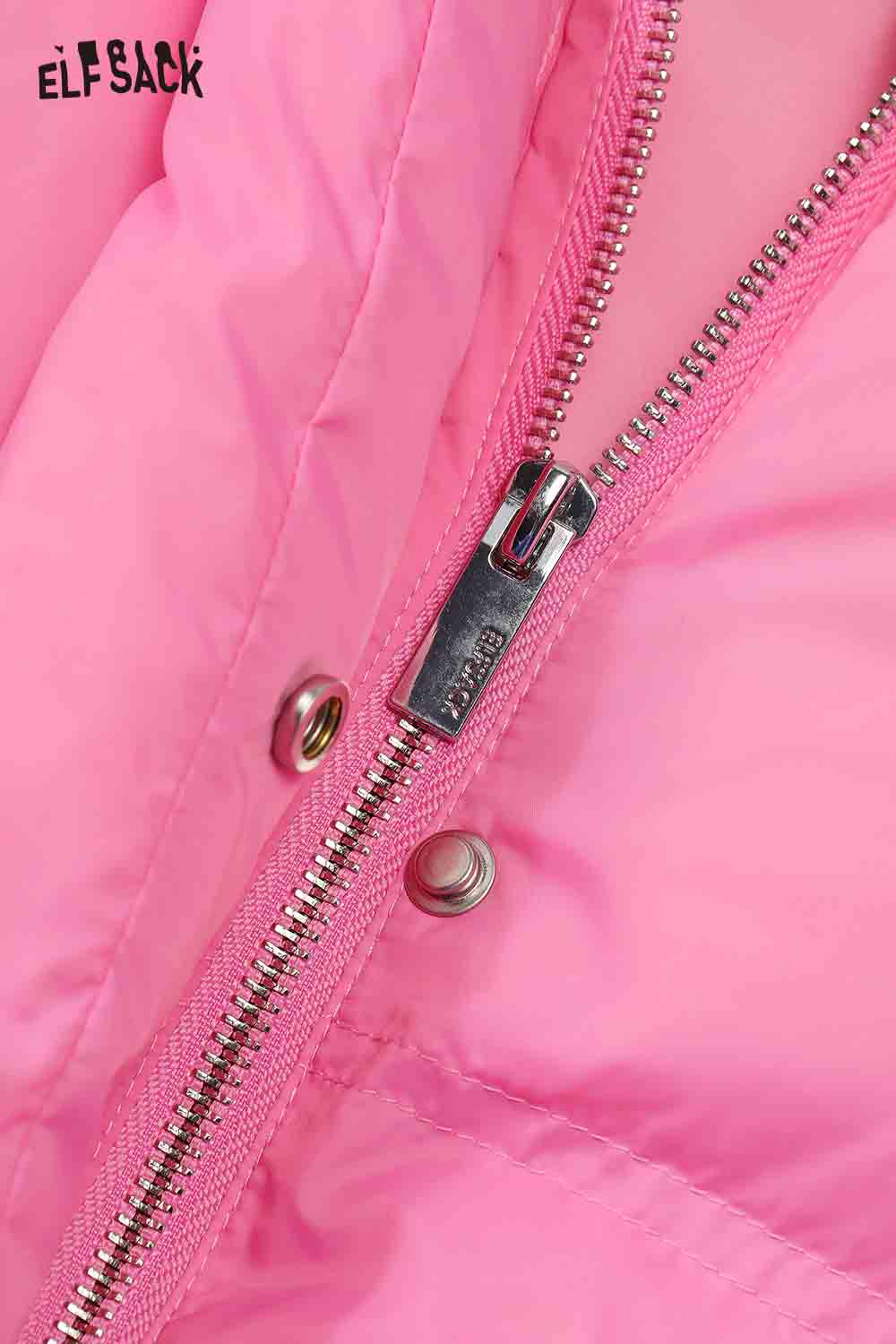 Close-up of a pink zipper on the ELFSACK preppy cropped down jacket showcasing high-quality stitching