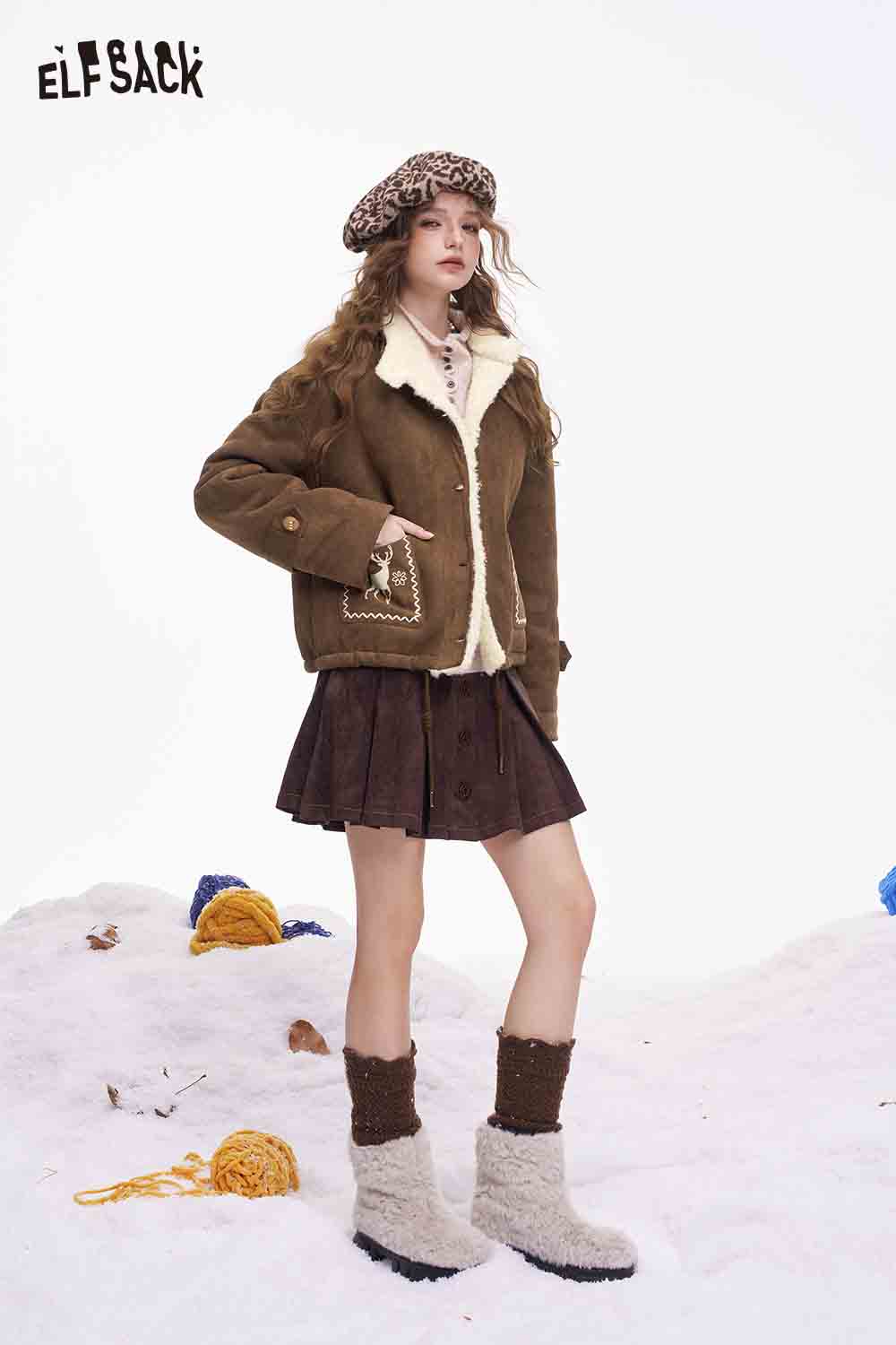 ELFSACK preppy deer graphic coat in brown with cozy sheepskin lining for stylish winter wear