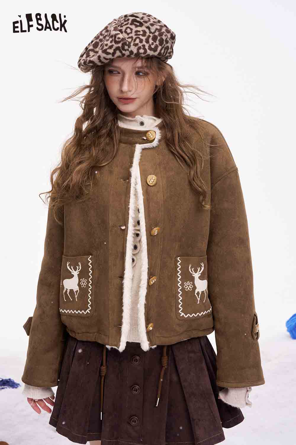 ELFSACK preppy deer graphic coat in brown with decorative pockets and buttons for a stylish look