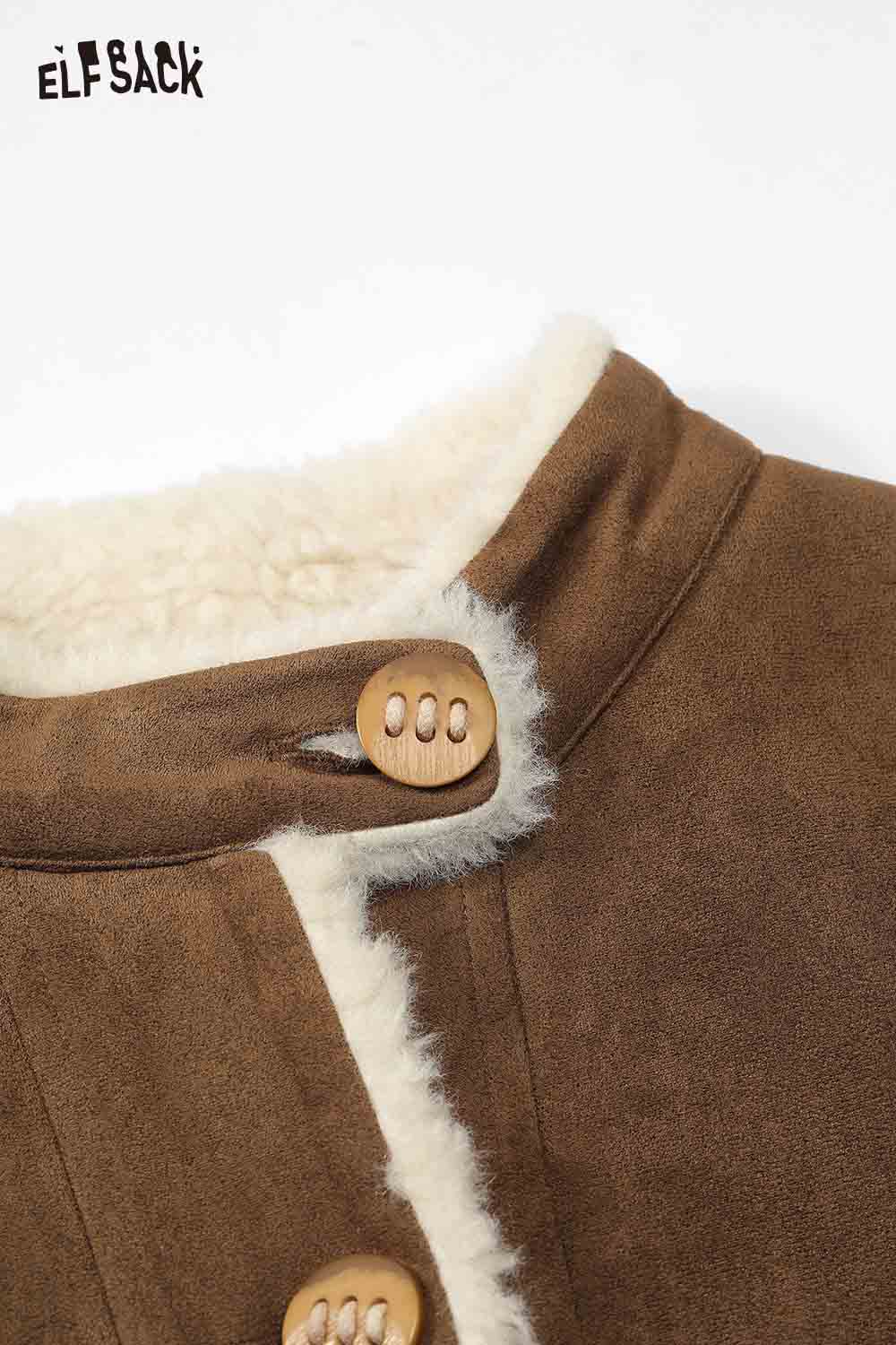 ELFSACK preppy deer graphic coat with cozy fleece lining and wooden buttons for stylish warmth