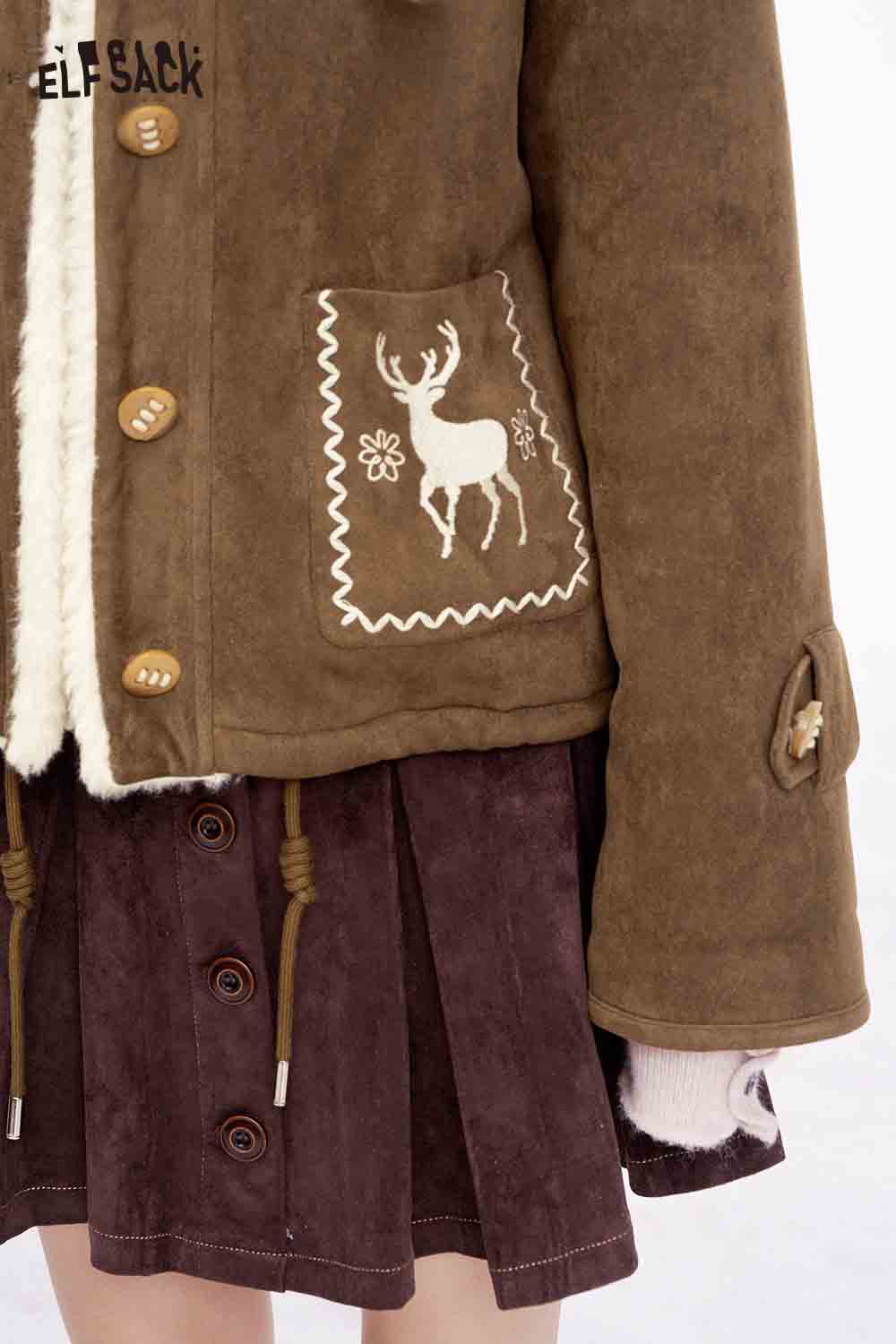ELFSACK preppy deer graphic coat featuring a stylish deer embroidery design and cozy fabric