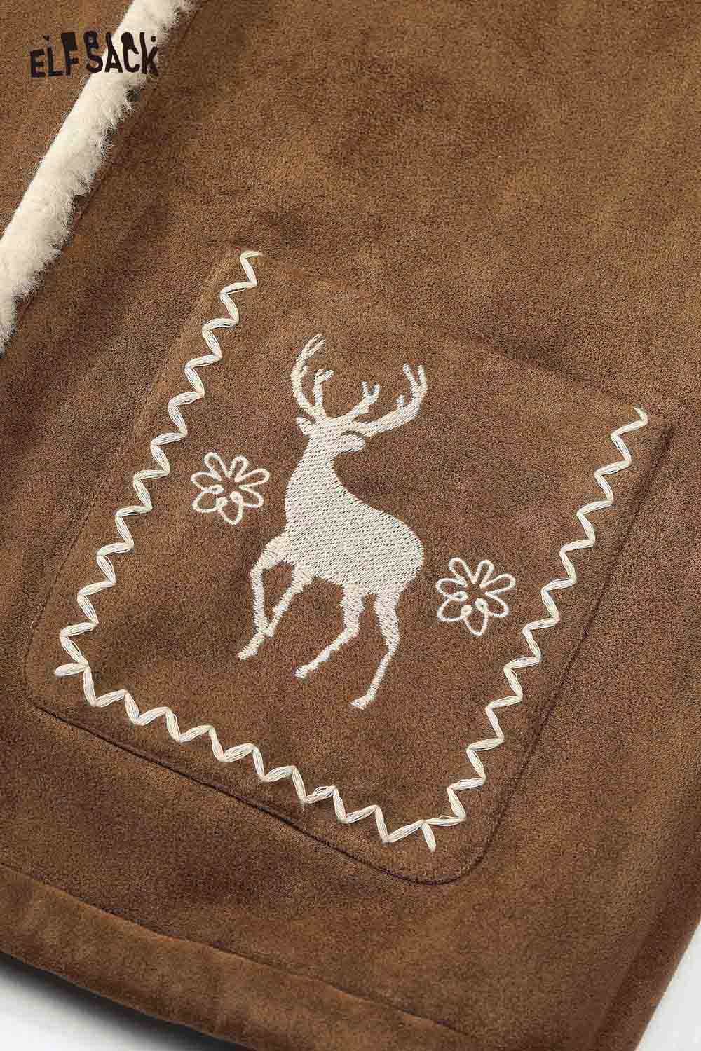 ELFSACK preppy deer graphic coat featuring a stylish deer design on a brown wool fabric