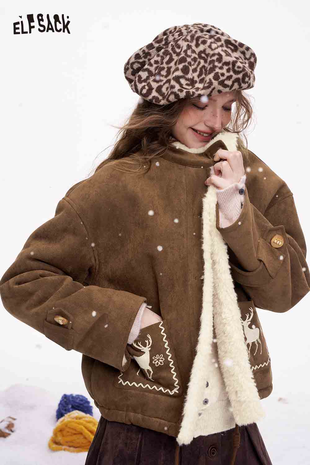 ELFSACK preppy deer graphic coat featuring cozy pockets and stylish design for winter wear