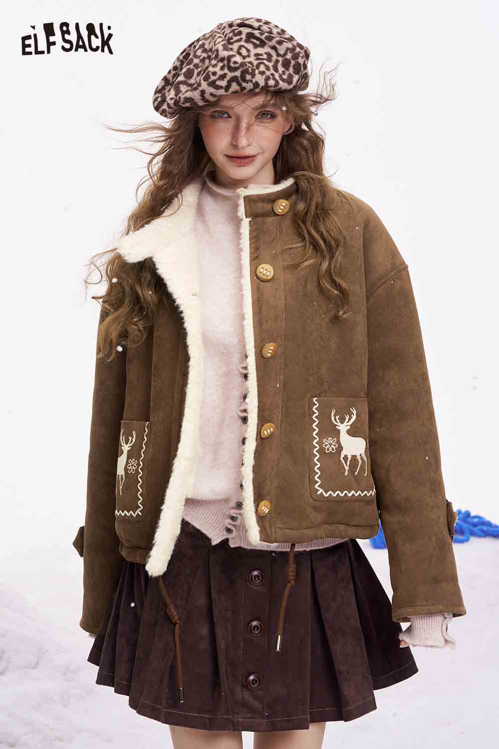 ELFSACK preppy deer graphic coat in brown with plush lining and stylish button details
