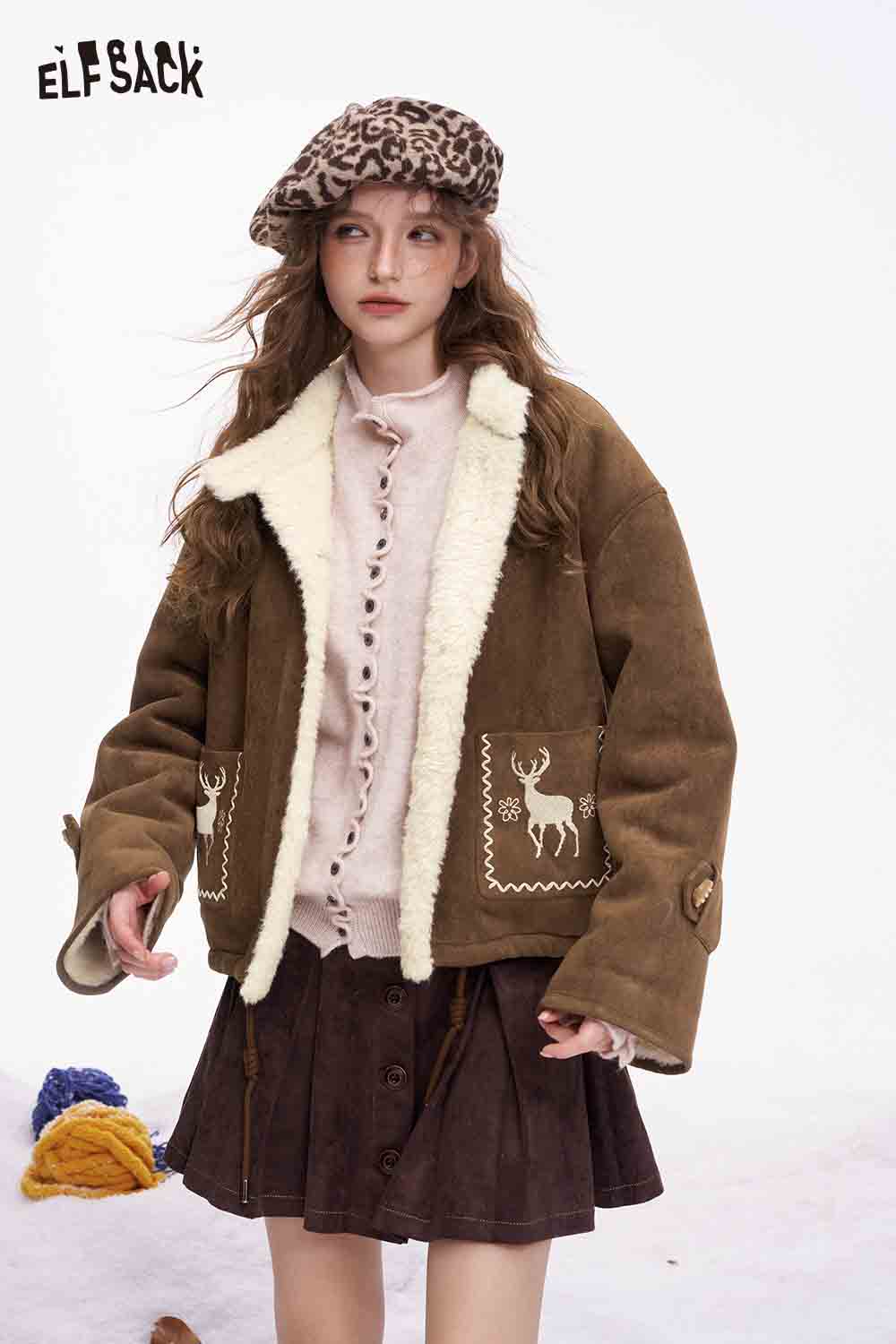 ELFSACK preppy deer graphic coat in brown with a cozy faux fur lining and deer embroidery