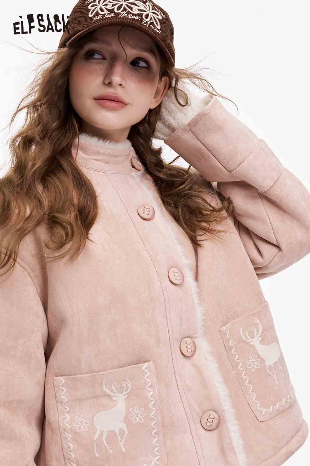 ELFSACK preppy deer graphic coat in soft pink with embroidered deer and snowflake details