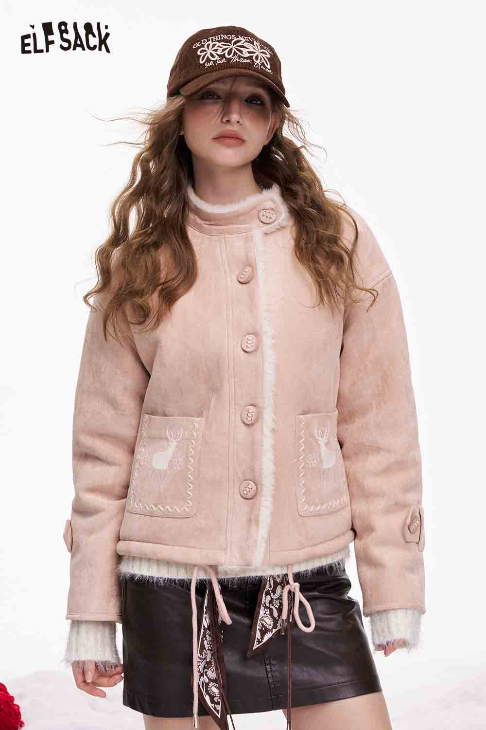 ELFSACK preppy deer graphic coat in soft pink with stylish pockets and a cozy design