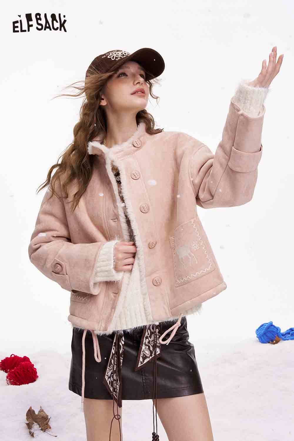 ELFSACK preppy deer graphic coat in soft pink with stylish button closure and cozy details