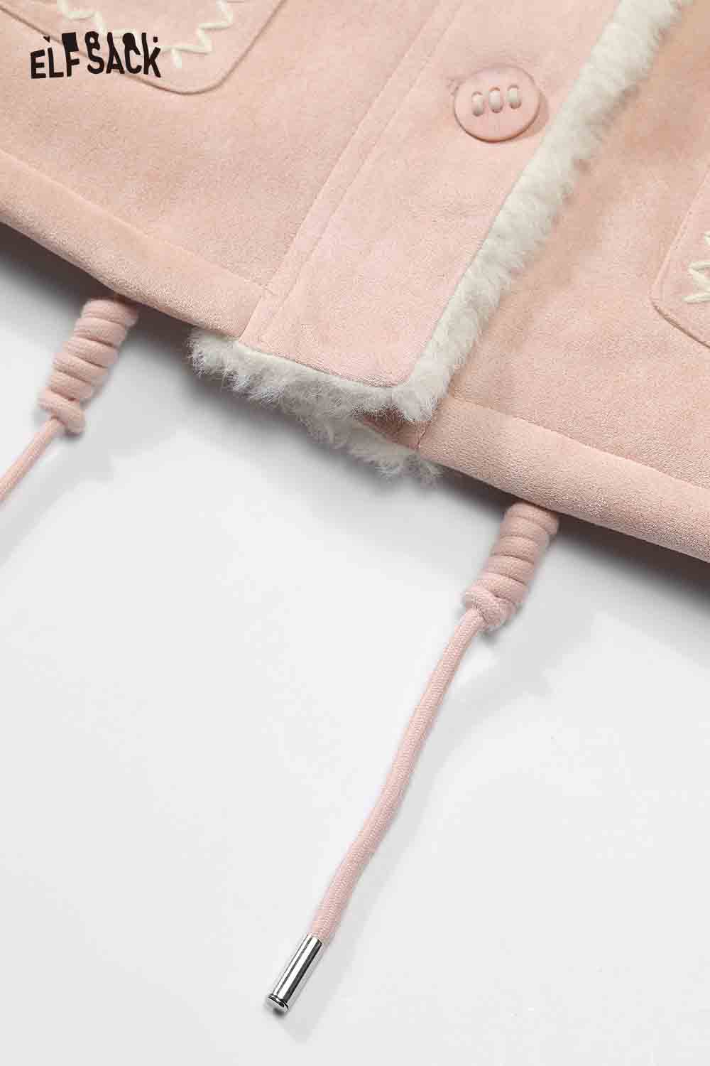 ELFSACK preppy deer graphic coat in soft pink fabric with cozy interior and drawstring detail