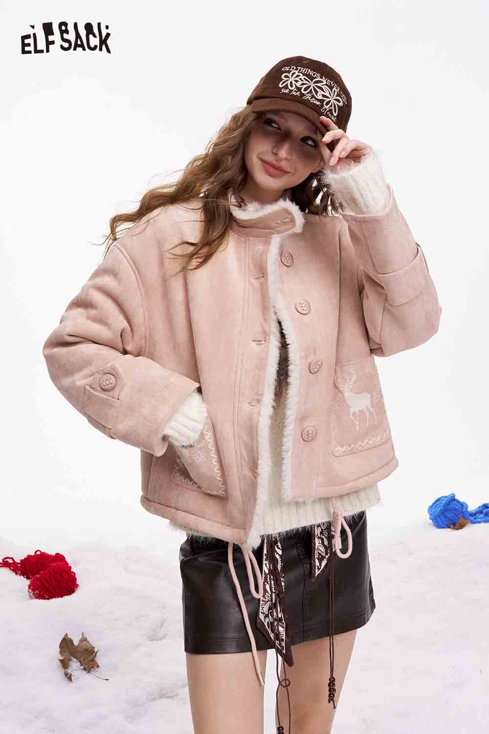 ELFSACK preppy deer graphic coat in soft pink with stylish buttons and cozy fur lining