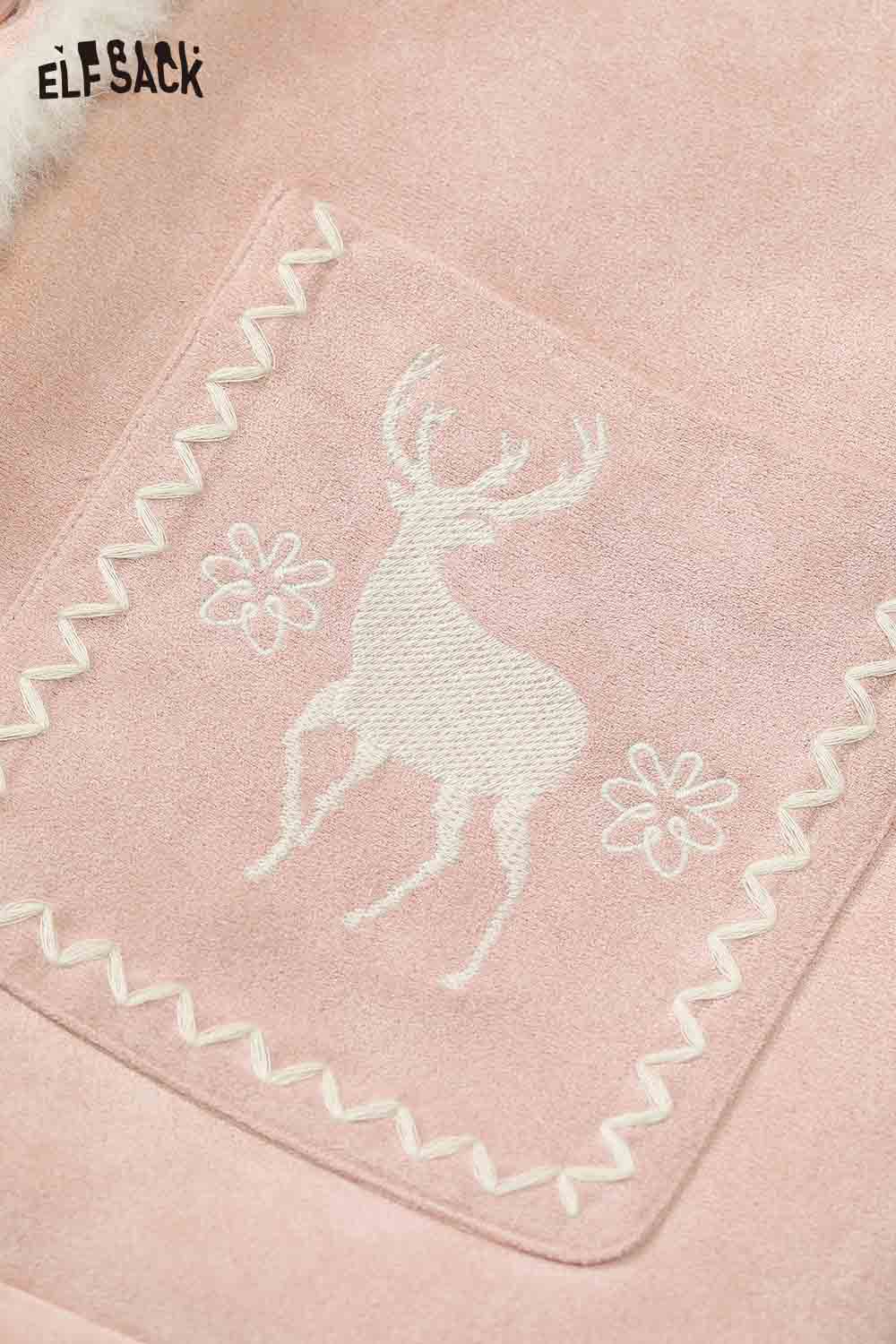 ELFSACK preppy deer graphic coat in soft pink with embroidered deer and flower details