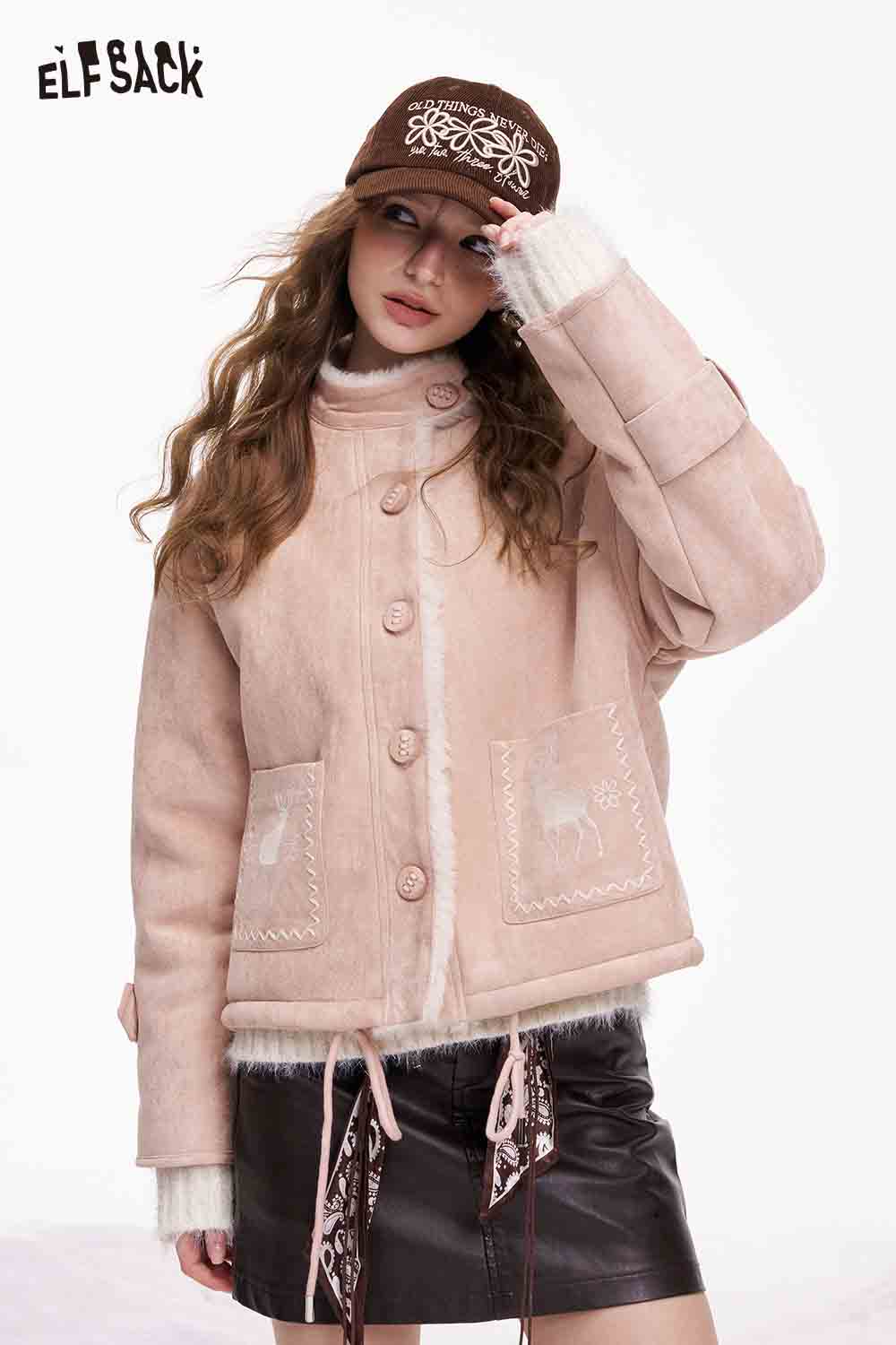 ELFSACK preppy deer graphic coat in light pink with button closures and decorative pockets
