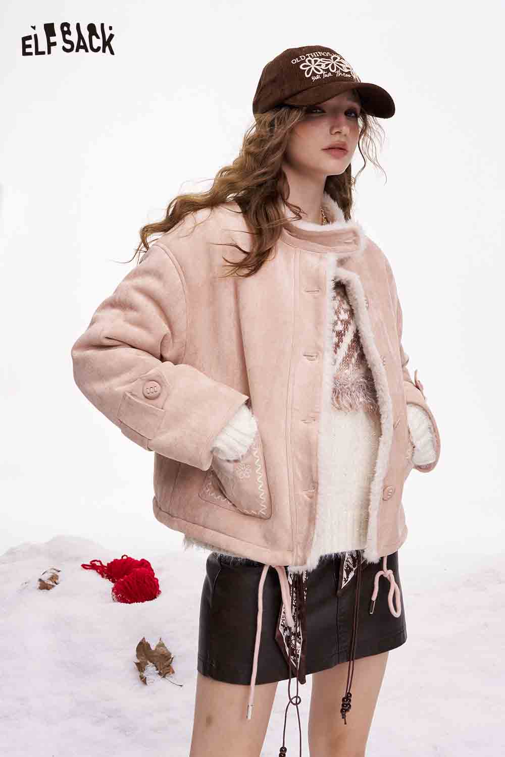 ELFSACK preppy deer graphic coat in pastel pink, perfect for stylish winter outfits