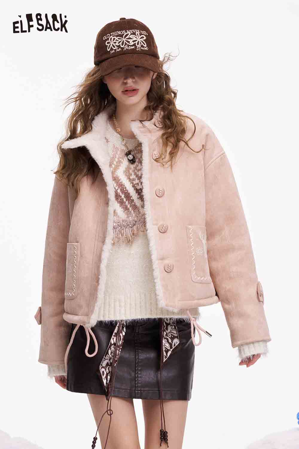 ELFSACK preppy deer graphic coat in soft pink with fleece lining and stylish button design