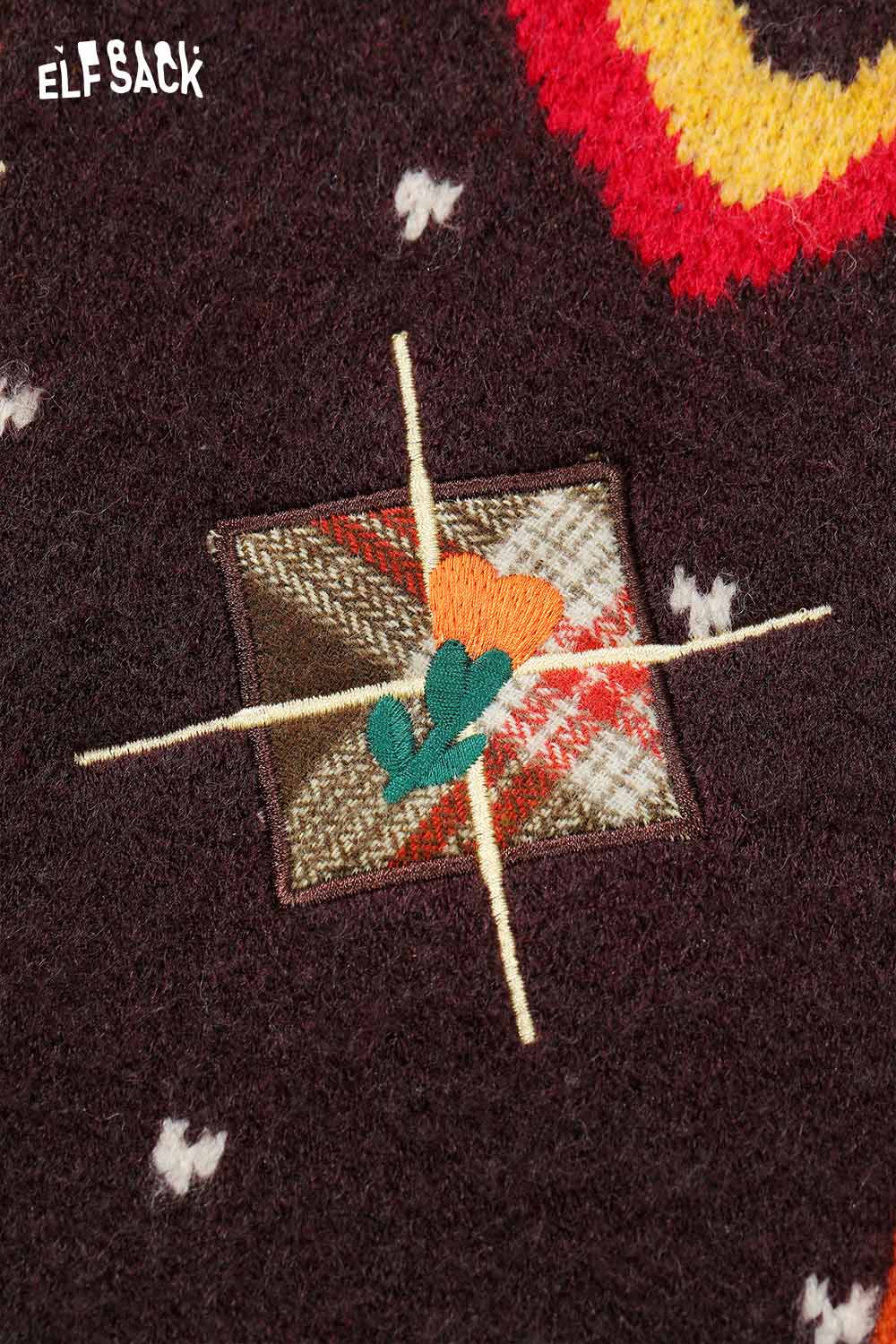 Close-up of ELFSACK preppy embellished knit cardigan featuring colorful embroidery and unique texture.