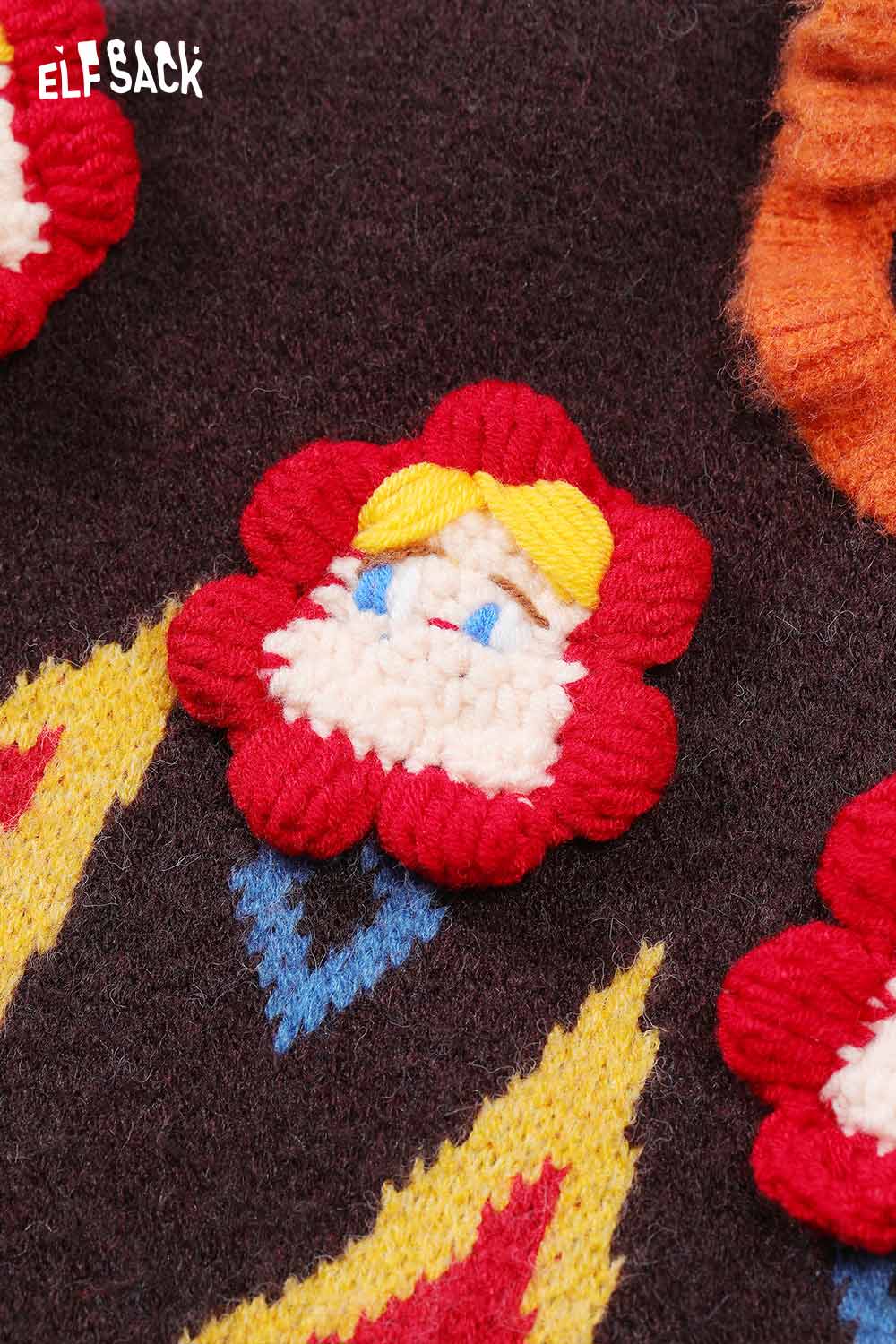 Close-up of a preppy embellished knit cardigan featuring colorful flower appliques for added style