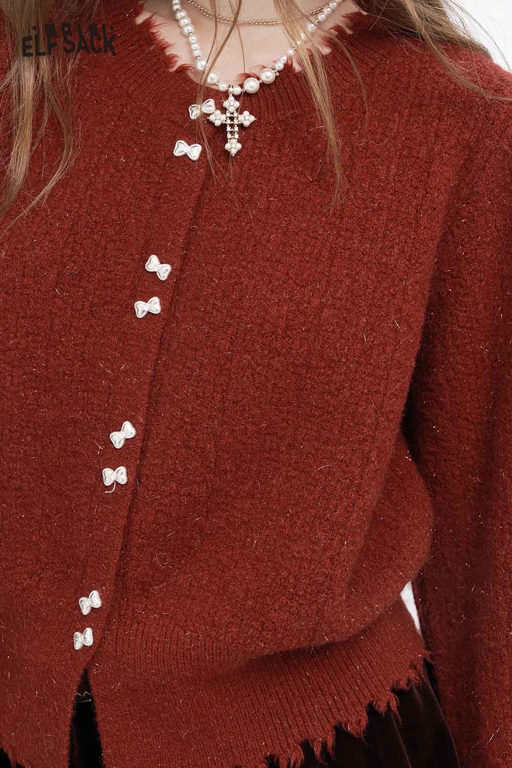 ELFSACK preppy fringe sweater for women in deep red with decorative bow buttons and stylish hem