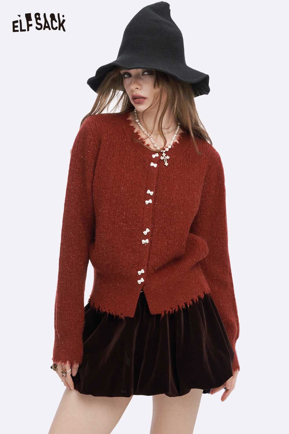 ELFSACK preppy fringe sweater for women in burnt orange with decorative buttons and frayed edges
