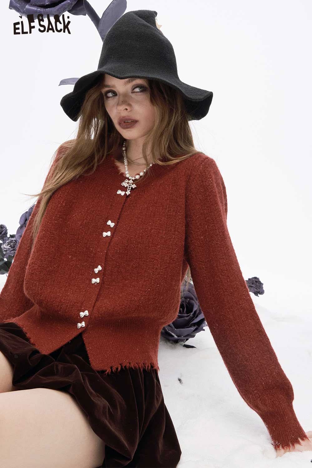 Stylish ELFSACK preppy fringe sweater for women in rust color with unique button details