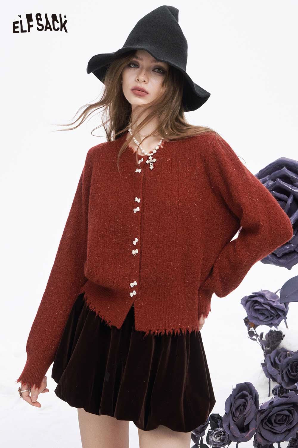 ELFSACK preppy fringe sweater for women in rust color, styled with a black hat and velvet skirt