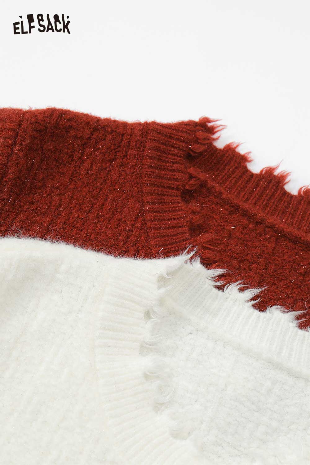 ELFSACK preppy fringe sweater for women in red and white with a textured design and frayed edges