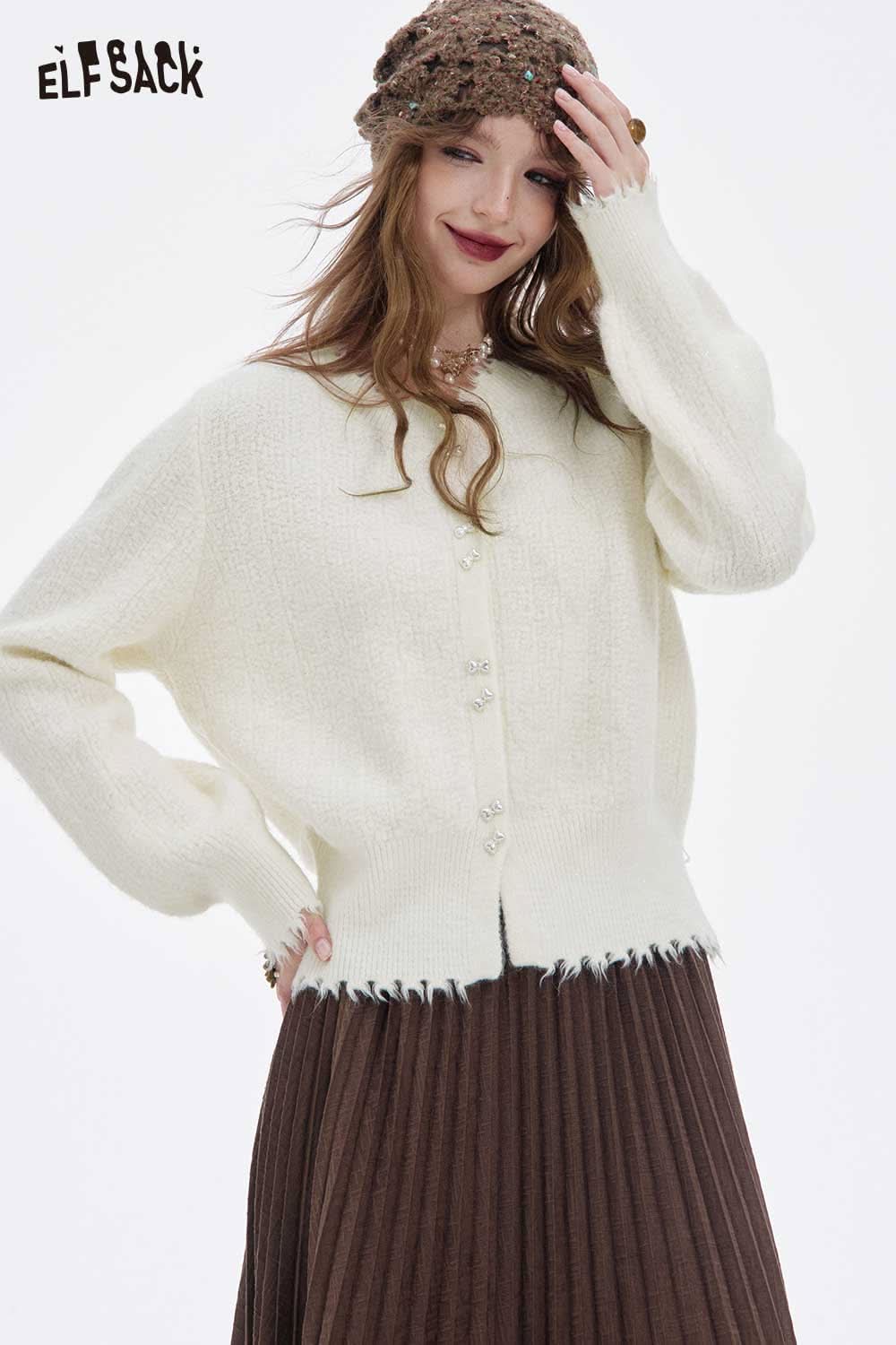 ELFSACK preppy fringe sweater for women in cream color with button details and relaxed fit