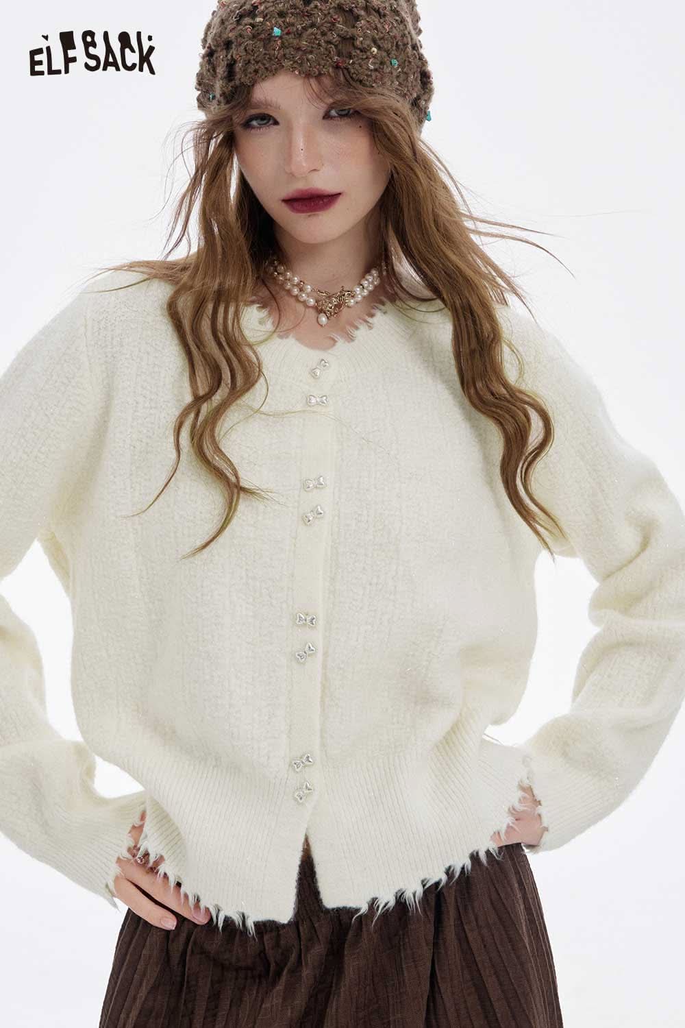 ELFSACK preppy fringe sweater for women in cream with button closure and textured finish