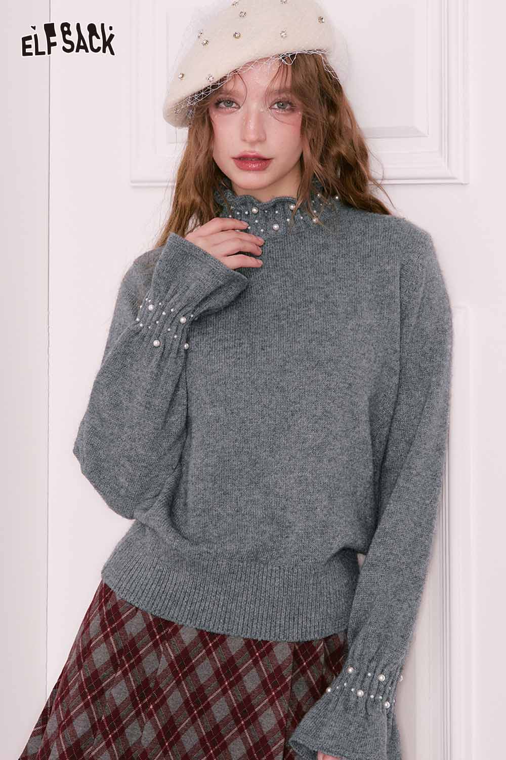 ELFSACK preppy high neck pearl sweater in gray with stylish ruffled sleeves and pearl accents