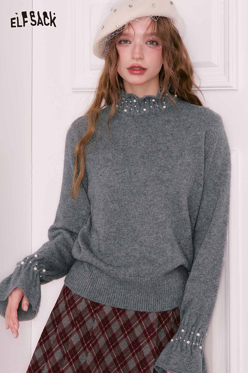 ELFSACK preppy high neck pearl sweater in gray with flared sleeves and pearl detailing