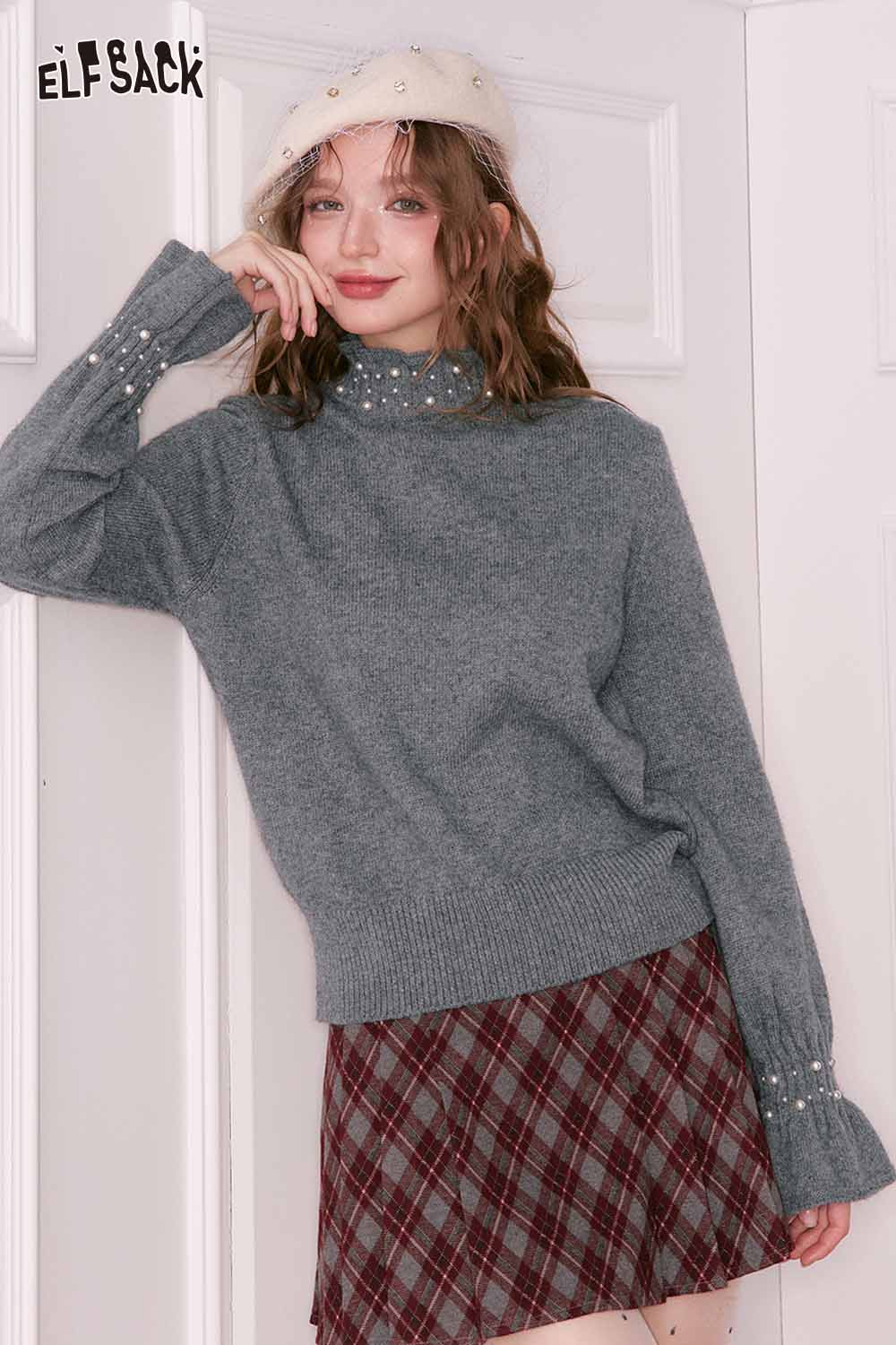 Stylish ELFSACK preppy high neck pearl sweater in gray, featuring pearl accents on sleeves