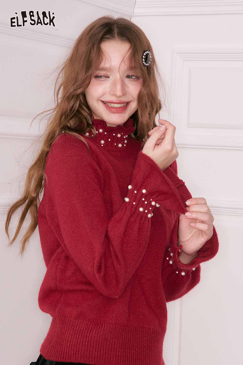 ELFSACK Preppy High Neck Pearl Sweater in Red with Elegant Pearl Details on Sleeves