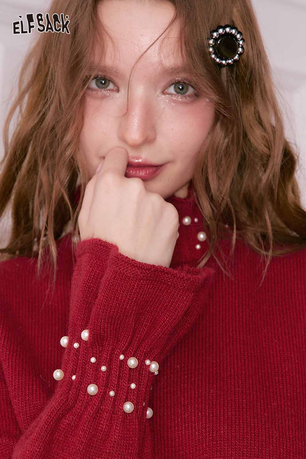 ELFSACK preppy high neck pearl sweater in red with stylish pearl detailing on sleeves