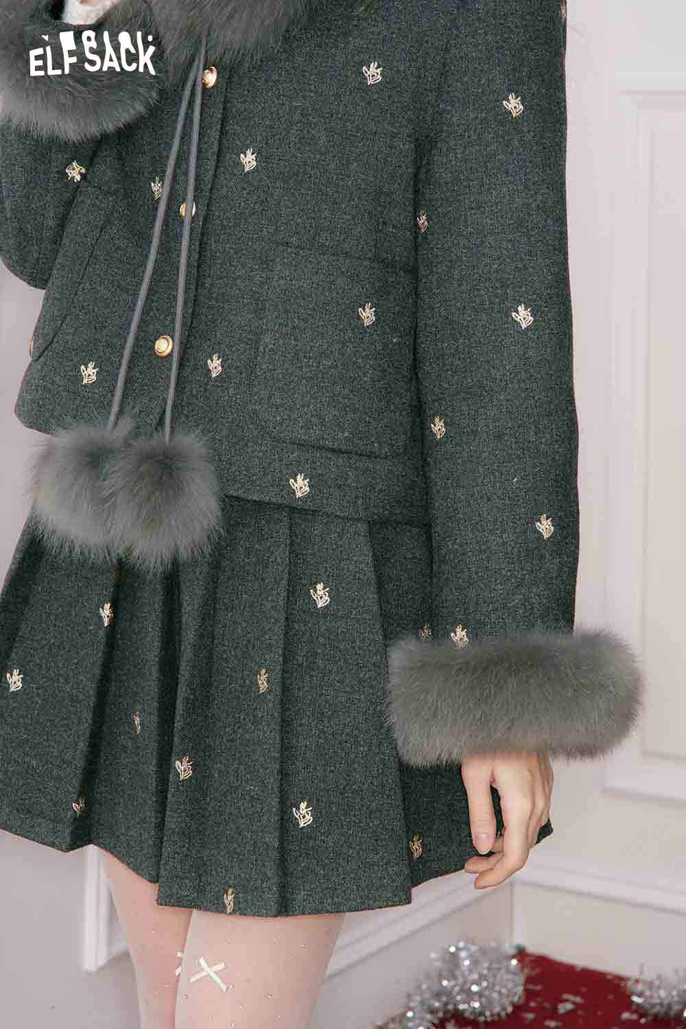 ELFSACK preppy jacket skirt set for women in dark grey with fur details and elegant embroidery
