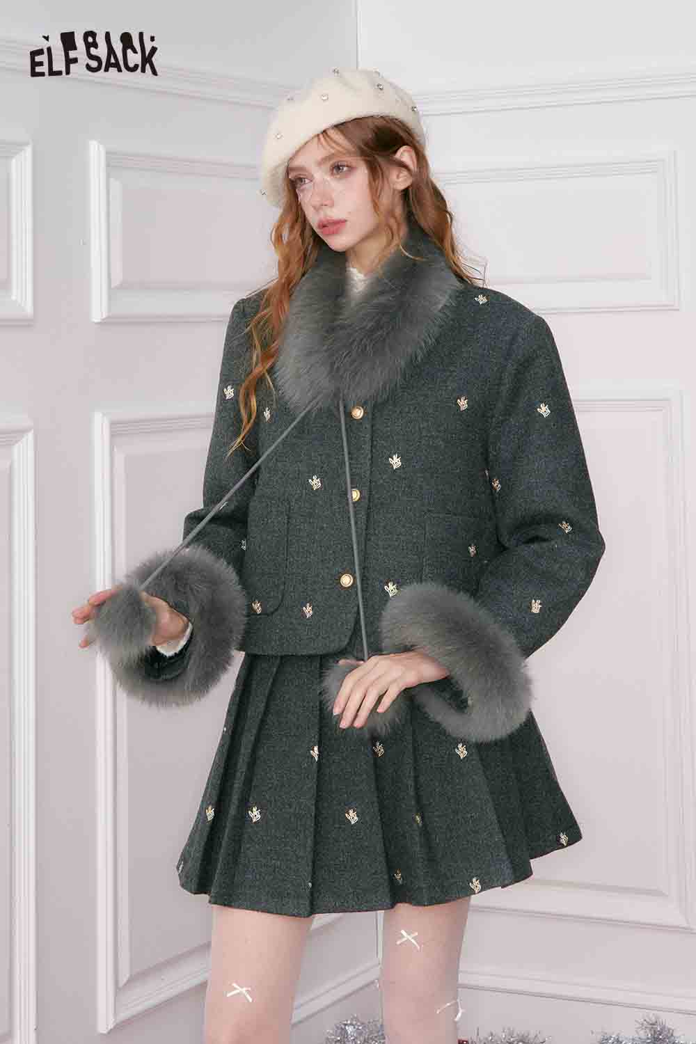 ELFSACK preppy jacket skirt set for women featuring a stylish jacket with fur details and matching skirt