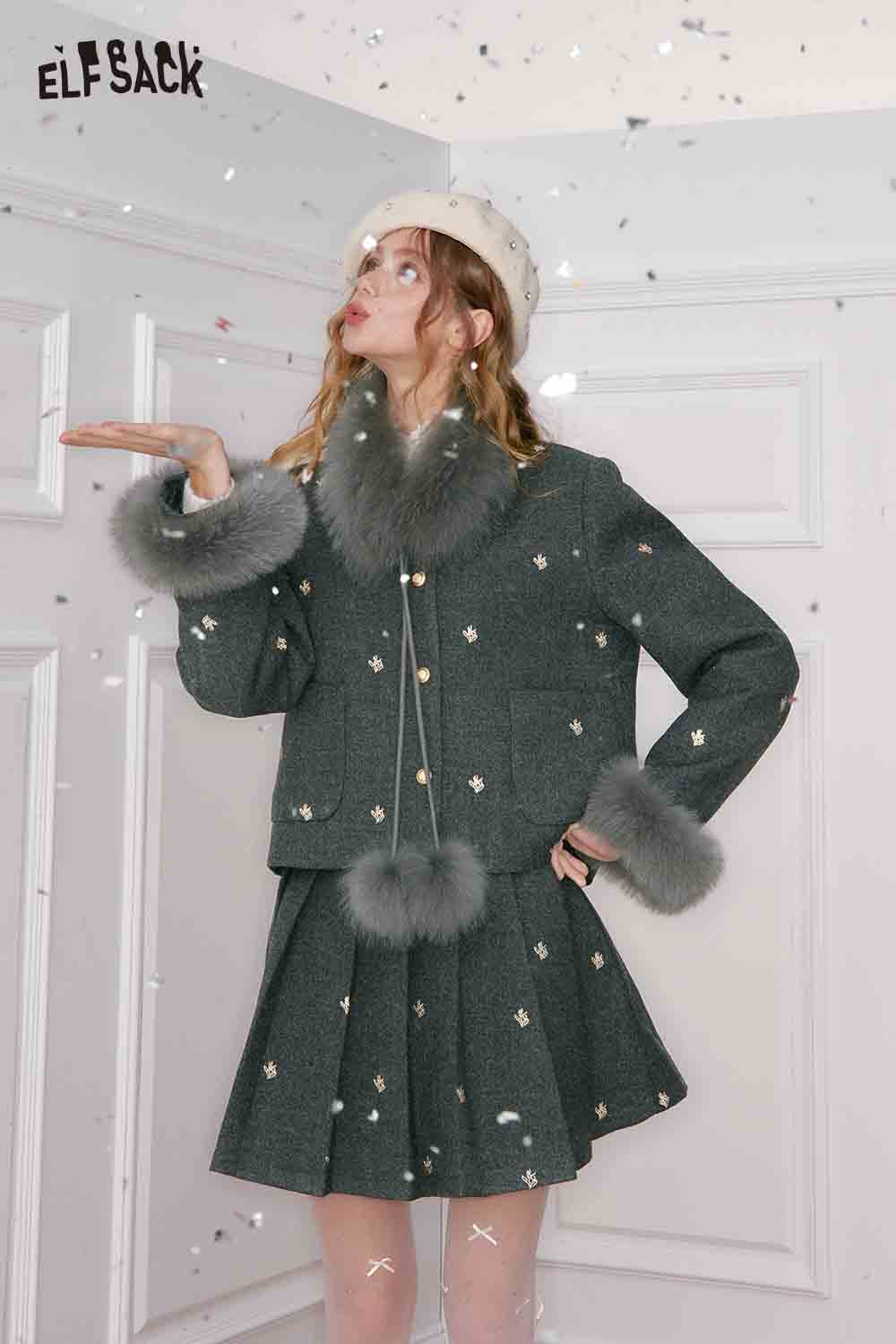 ELFSACK preppy jacket skirt set for women with faux fur details in stylish gray color