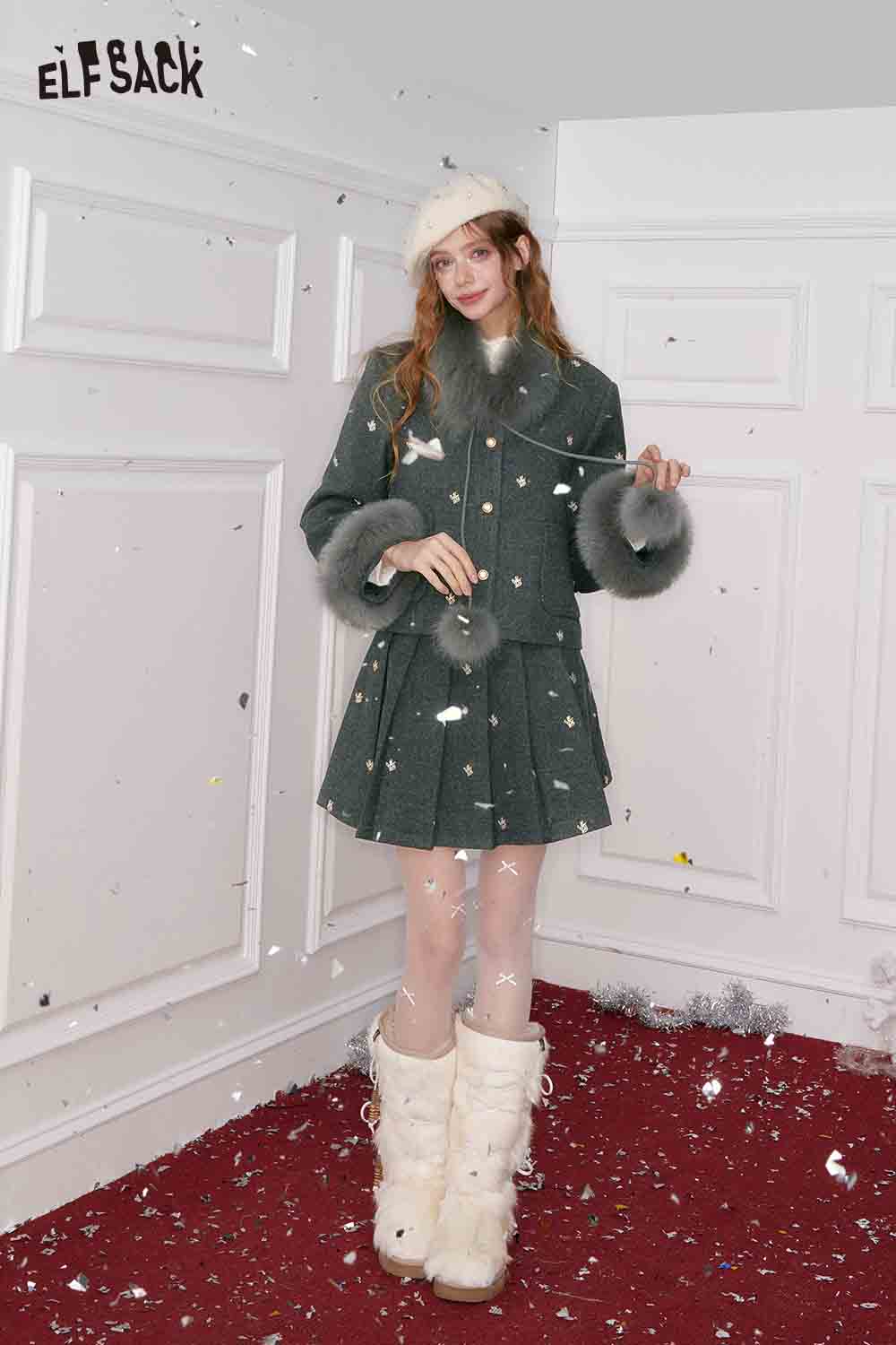 ELFSACK preppy jacket skirt set for women in gray with faux fur trim and festive accessories