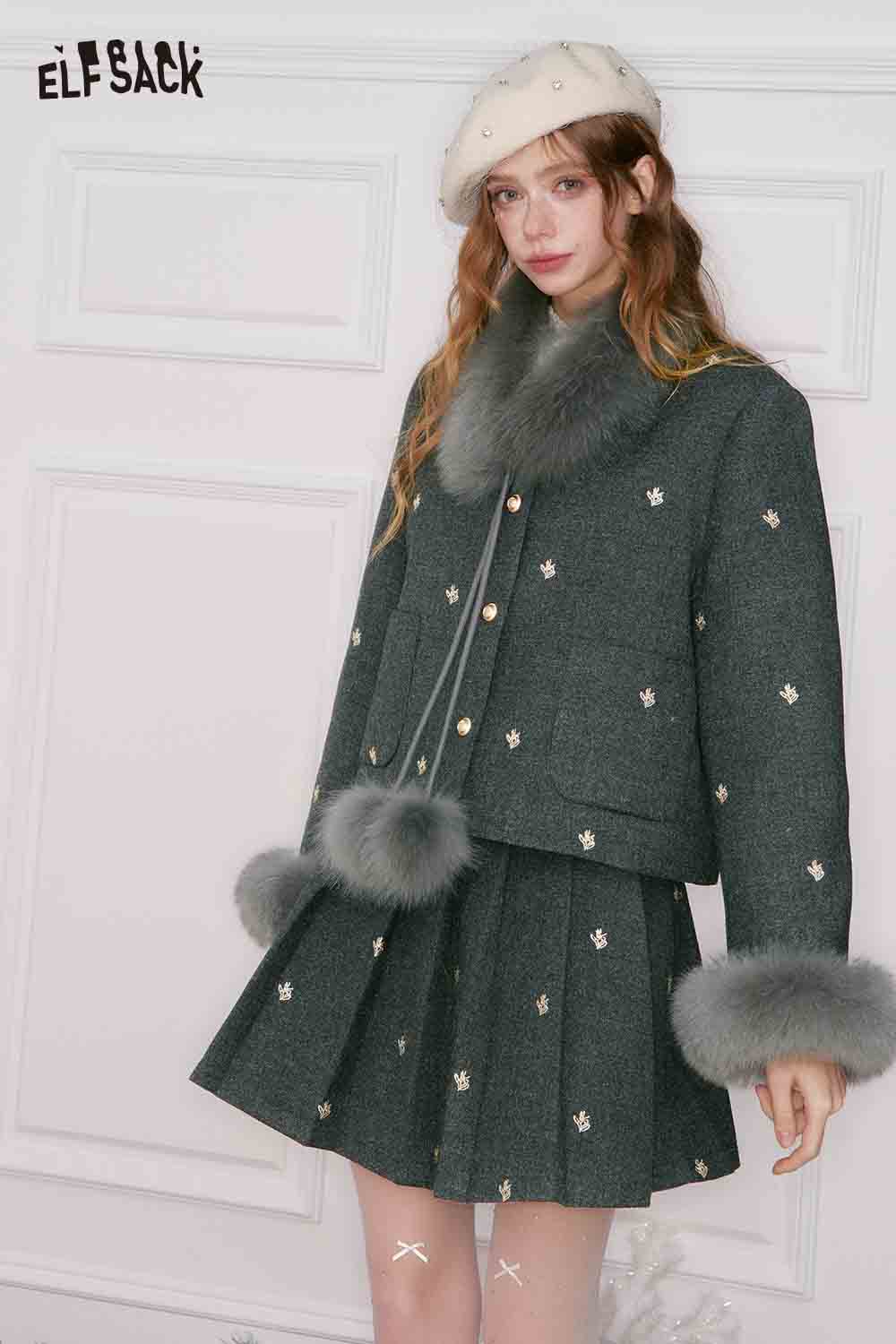 ELFSACK preppy jacket skirt set for women featuring a fluffy collar and embellished details