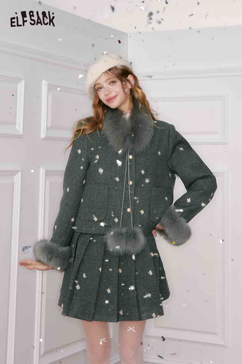 Stylish ELFSACK preppy jacket skirt set for women in gray with fur accents, perfect for winter fashion.