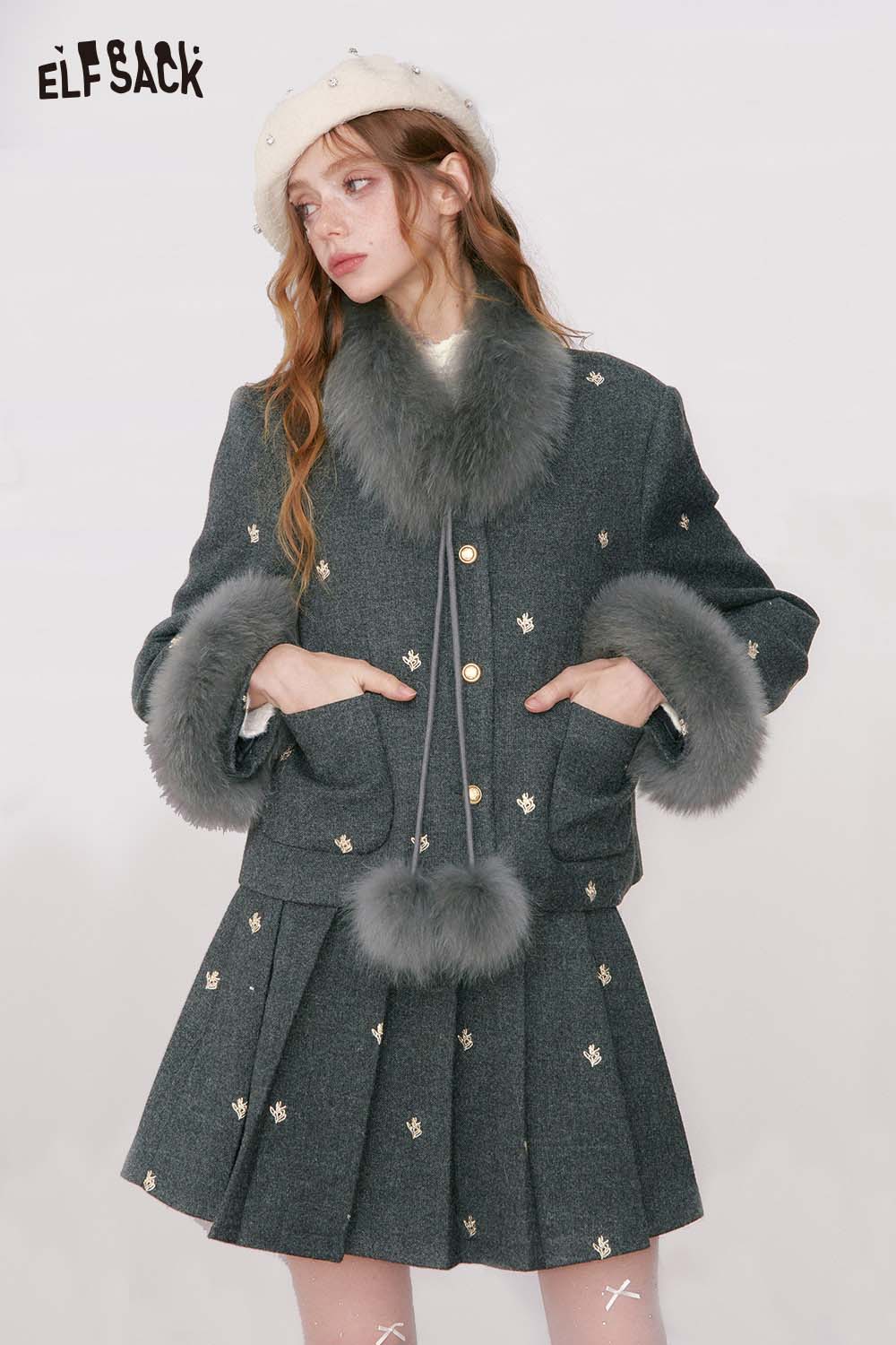 ELFSACK preppy jacket skirt set for women in gray with faux fur trim and embroidered details