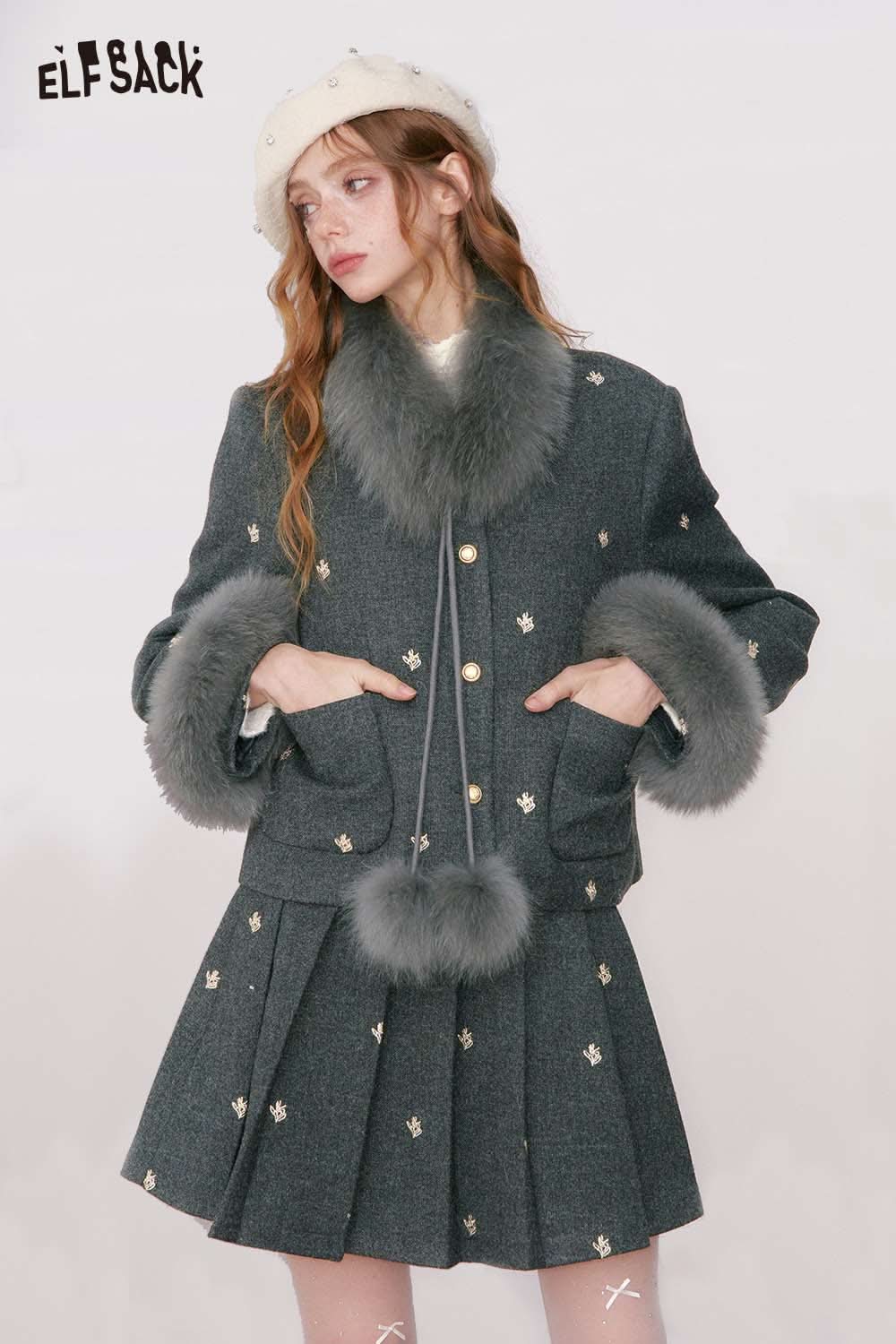 ELFSACK preppy jacket skirt set for women in gray with faux fur trim and embroidered details