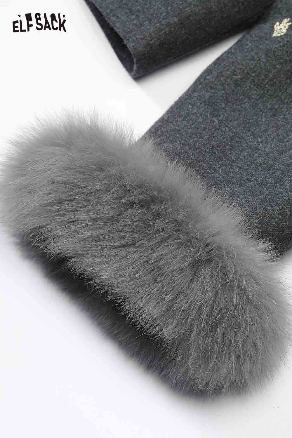Close-up of ELFSACK preppy jacket skirt set for women featuring soft gray fur trim
